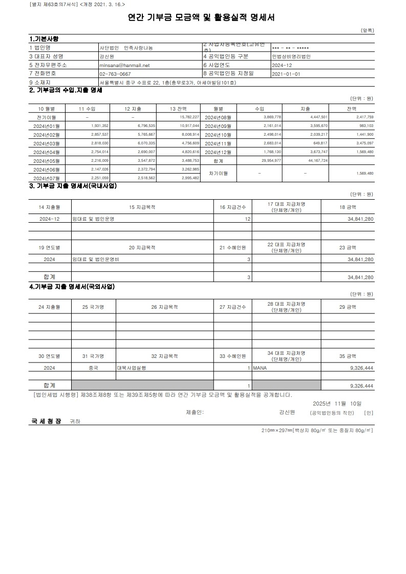 연간 기부금 모금액 및 활용실적 명세서(2024 사업연도, 별지 제63호의7서식)